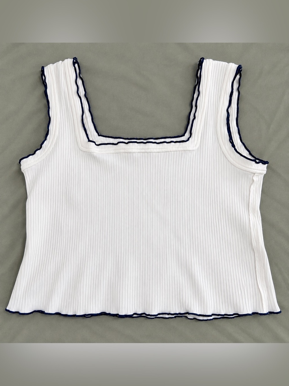 Women’s White Ribbed Square-Neck Tank with Navy Trim 2X (16/18)